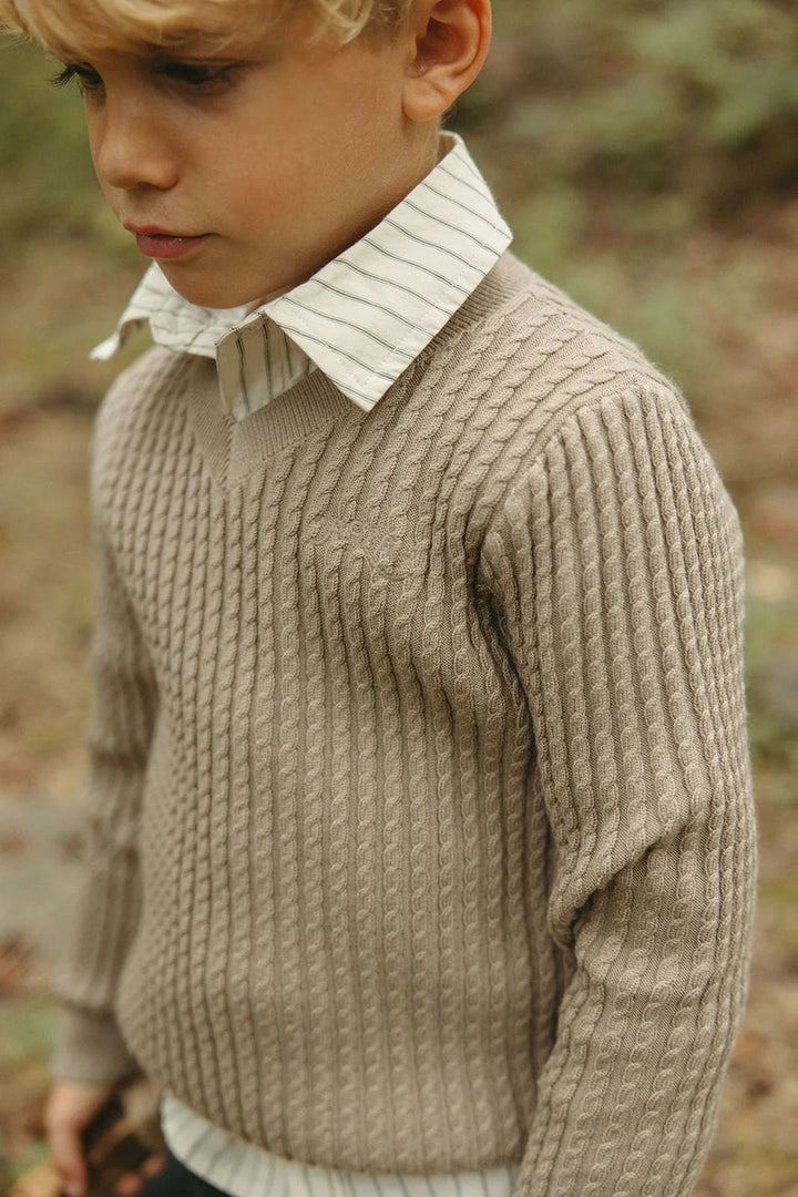 Arza Taupe Cable V Neck Sweater - Posh New York