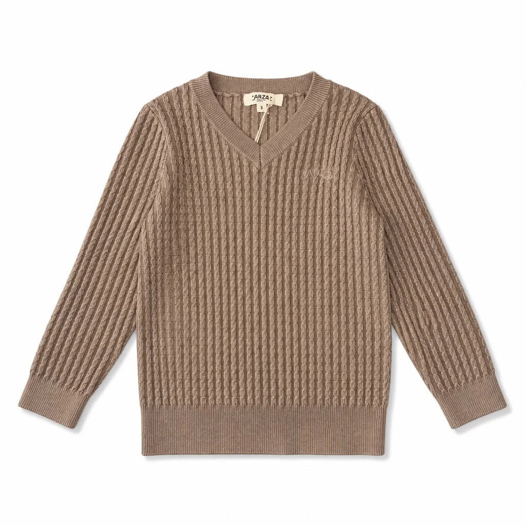 Arza Taupe Cable V Neck Sweater - Posh New York