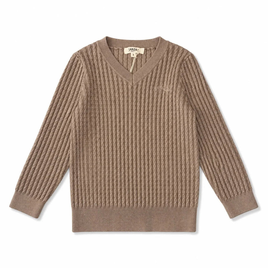 Arza Taupe Cable V Neck Sweater - Posh New York