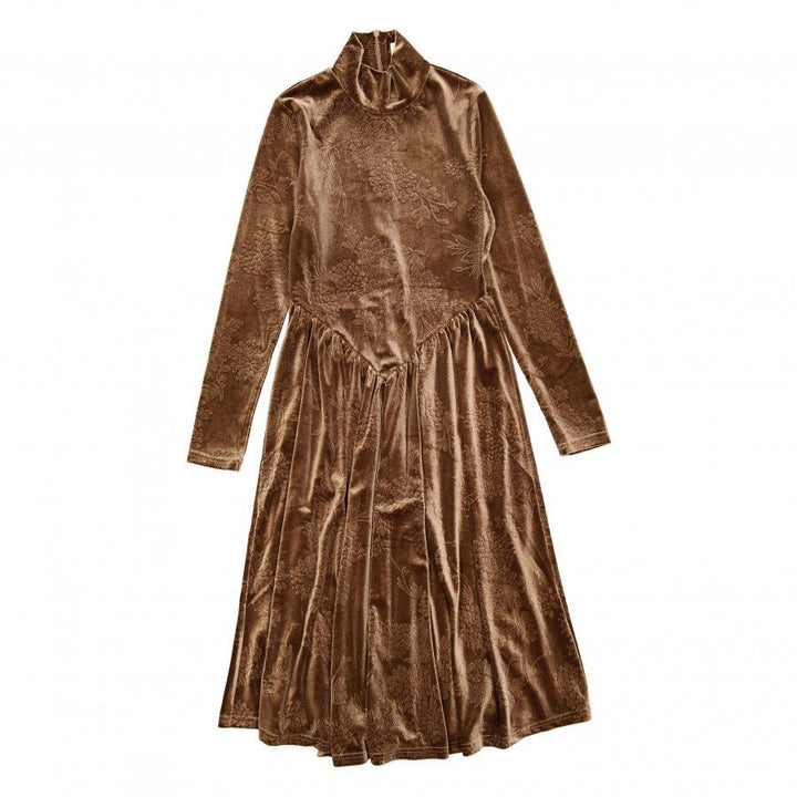 Brown Velvet Embossed V-Yoke Maxi Dress - Posh New York