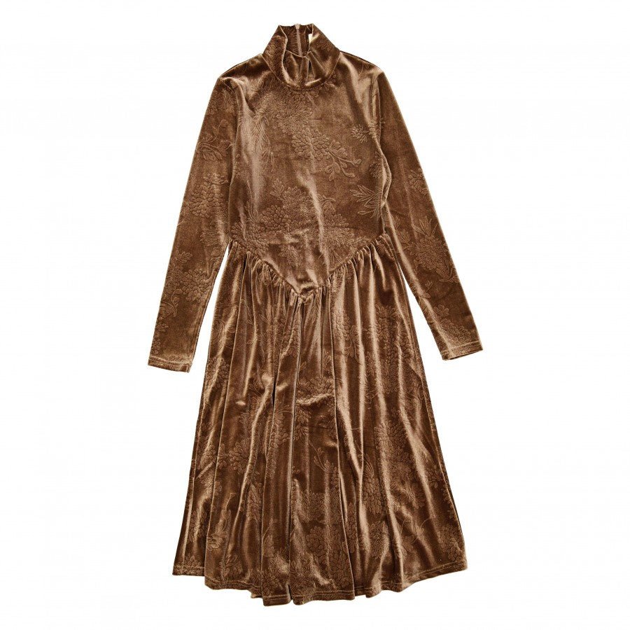 Brown Velvet Embossed V-Yoke Maxi Dress - Posh New York
