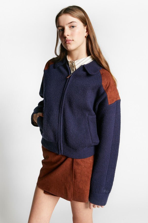 CARDIGAN W/ZIPPER AND SUEDE APPLICATIONS - Posh New York
