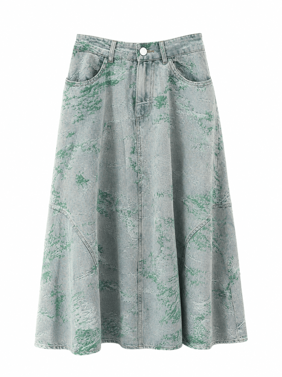 Denim Skirt With Swatch Print - Green - Posh New York