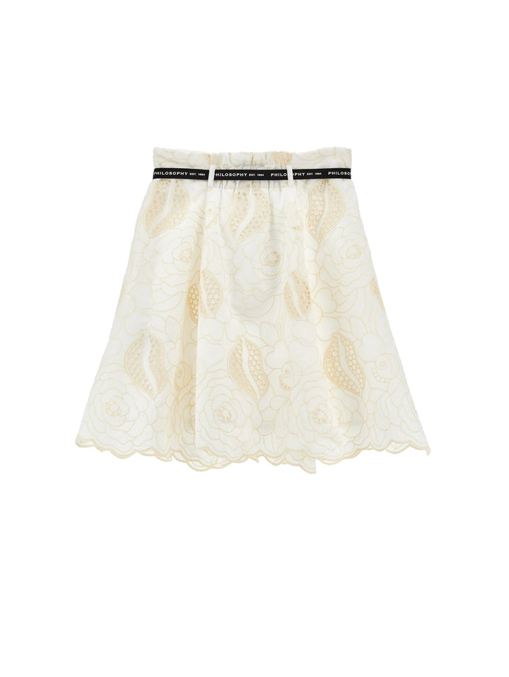 Embroidered Cotton Skirt With Logo Tie Belt - 0102 Off White - Posh New York
