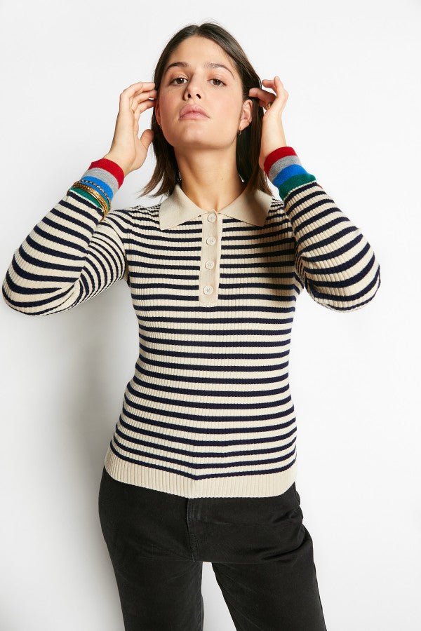 FITTED STRIPED POLO COLLAR PULLOVER - Posh New York