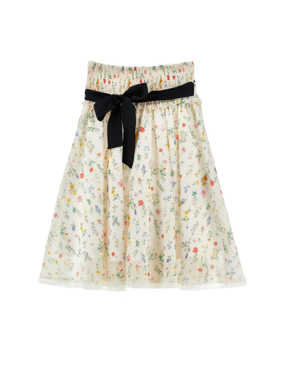 Floral Print Midi Skirt With Tie Belt - 0084 Off White - Posh New York