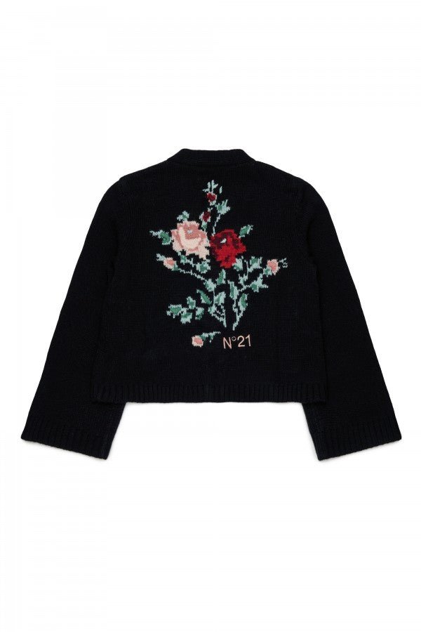 KNIT CARDIGAN WITH JACQUARD FLOWERS ON BACK - Posh New York