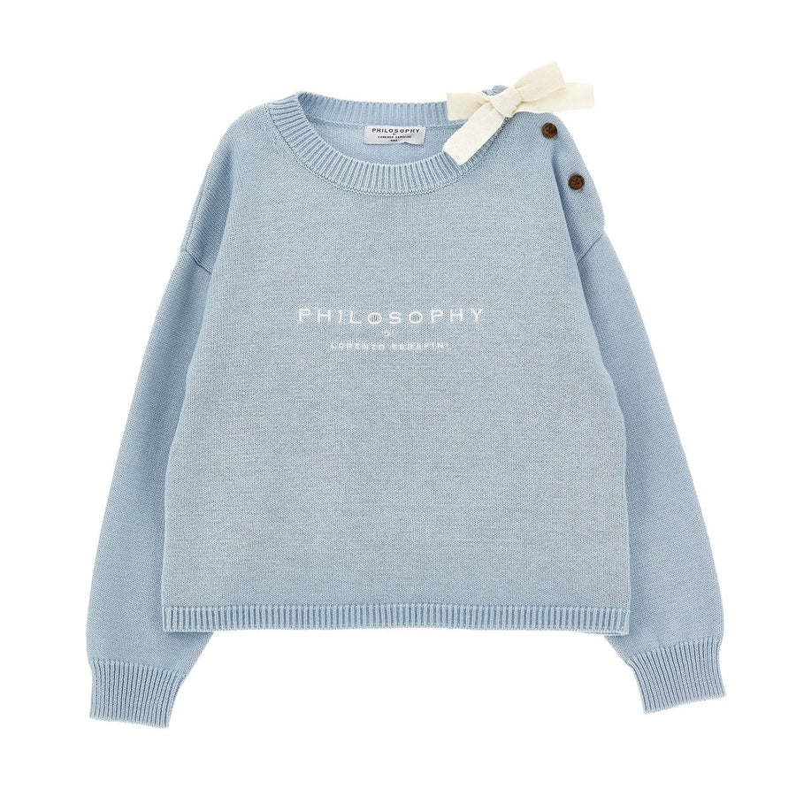 Knit Logo Sweater With Button On Shoulder With Bow - 0058 Baby Blue - Posh New York