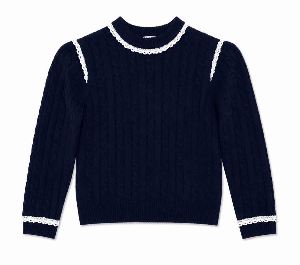 LS CABLE KNIT SWEATER WITH LACE TRIM - Posh New York