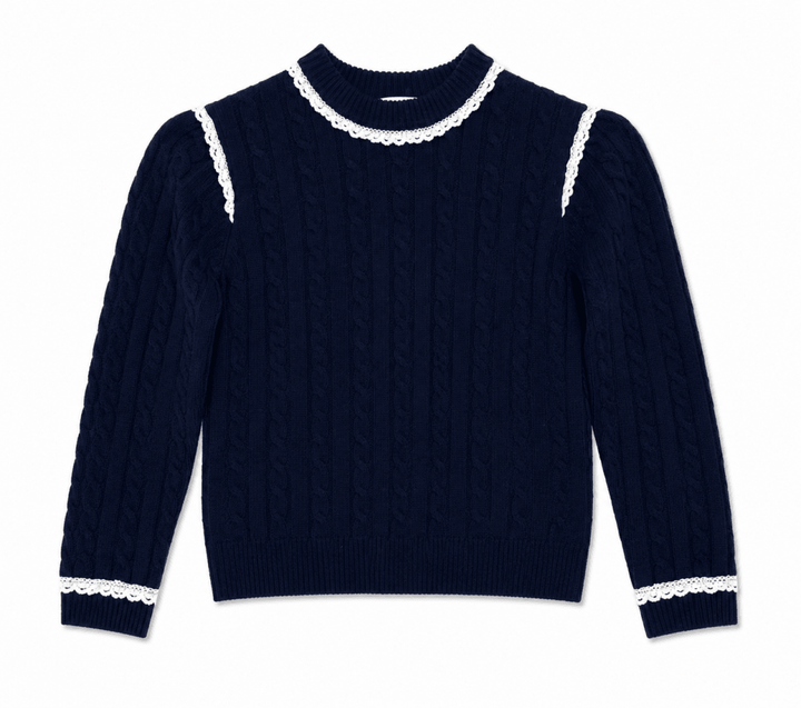 LS CABLE KNIT SWEATER WITH LACE TRIM - Posh New York