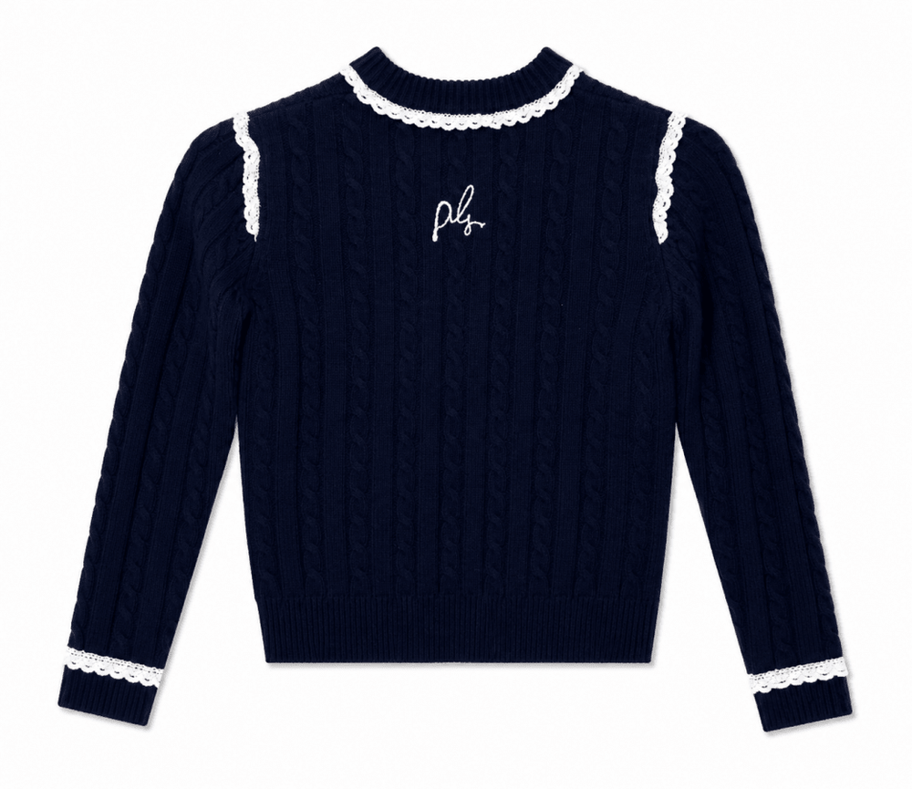 LS CABLE KNIT SWEATER WITH LACE TRIM - Posh New York