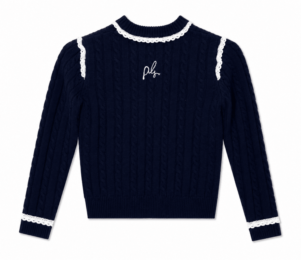 LS CABLE KNIT SWEATER WITH LACE TRIM - Posh New York