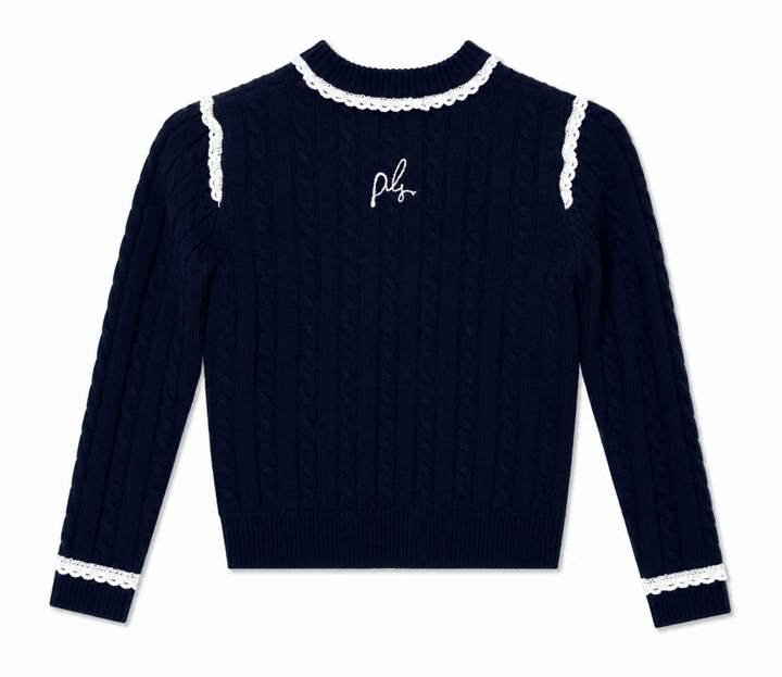 LS CABLE KNIT SWEATER WITH LACE TRIM - Posh New York
