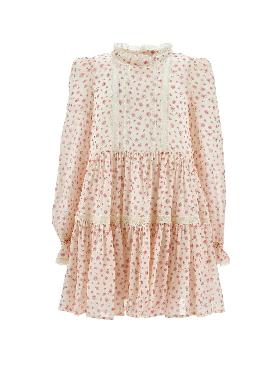 LS Small Rose Print Dress With Lace Trim Details - 0294 Wht Pink - Posh New York