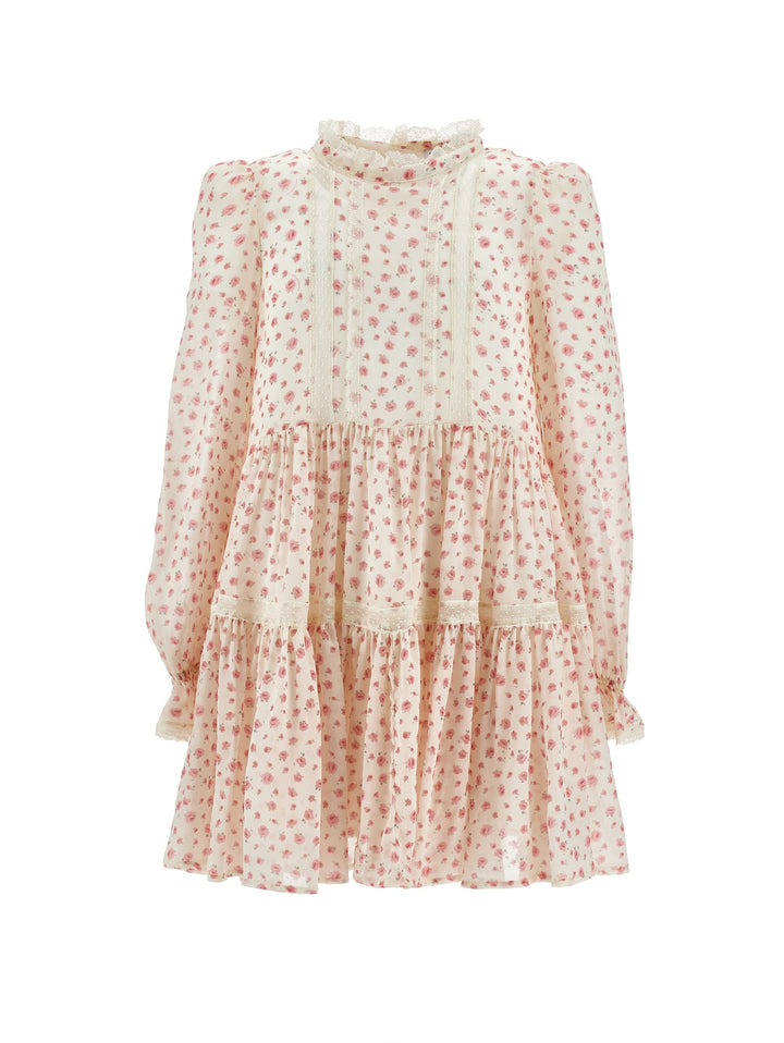 LS Small Rose Print Dress With Lace Trim Details - 0294 Wht Pink - Posh New York