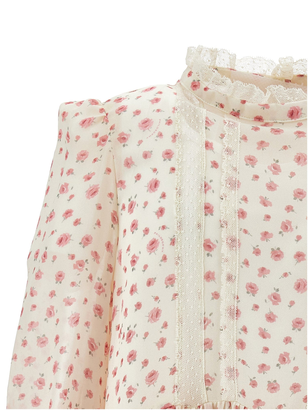 LS Small Rose Print Dress With Lace Trim Details - 0294 Wht Pink - Posh New York