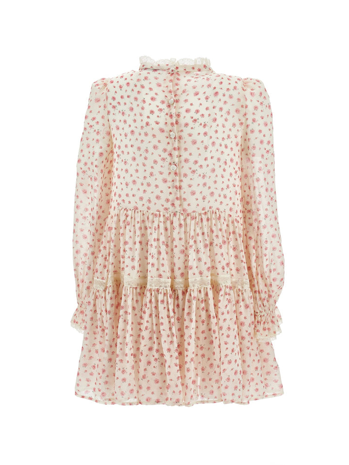 LS Small Rose Print Dress With Lace Trim Details - 0294 Wht Pink - Posh New York