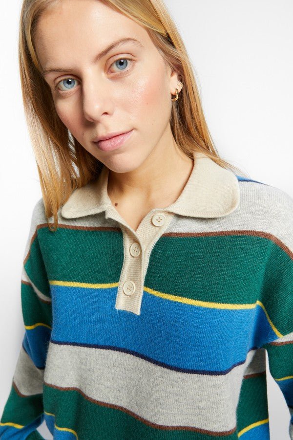 MULTICOLORED STRIPED POLO COLLAR PULLOVER - Posh New York