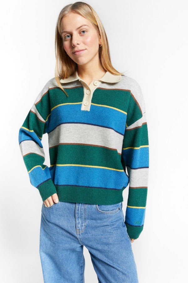 MULTICOLORED STRIPED POLO COLLAR PULLOVER - Posh New York