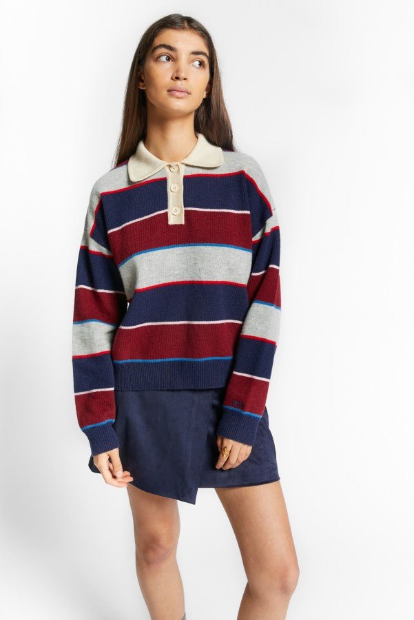 MULTICOLORED STRIPED POLO COLLAR PULLOVER - Posh New York