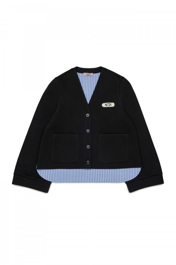 NEOPRENE VNECK CARDIGAN WITH BLUE STRIPE LINING - Posh New York