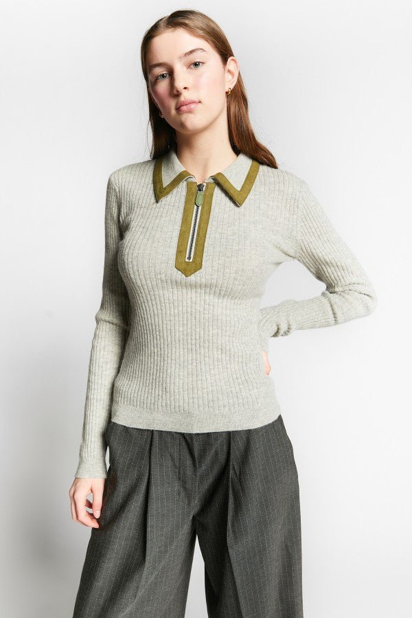 POLO COLLAR PULLOVER W/FAKE SUEDE DETAILS - Posh New York