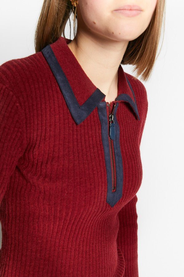 POLO COLLAR PULLOVER W/FAKE SUEDE DETAILS - Posh New York