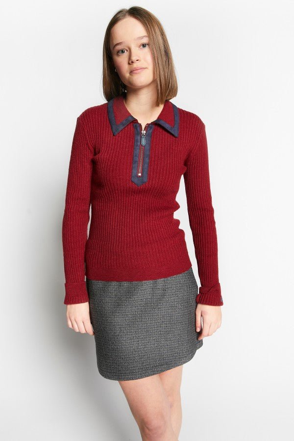 POLO COLLAR PULLOVER W/FAKE SUEDE DETAILS - Posh New York