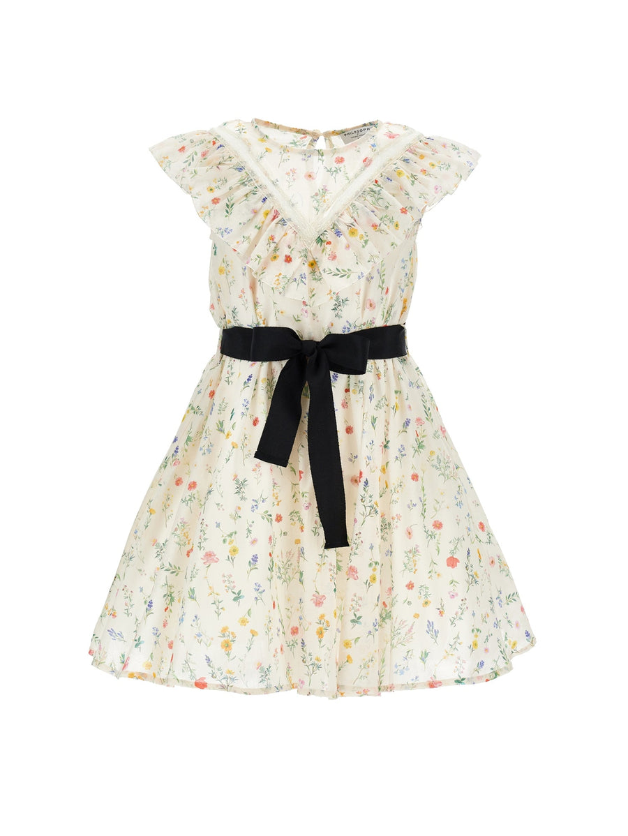 Slvlss Floral Print Dress With Ruffels And Tie Belt - 0084 Off White - Posh New York