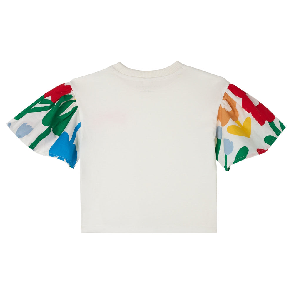 SS T-Shirt W/ Flower Print Sleeves - White - Posh New York