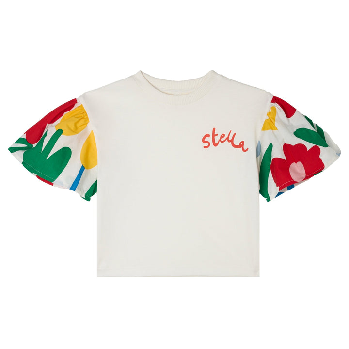 SS T-Shirt W/ Flower Print Sleeves - White - Posh New York