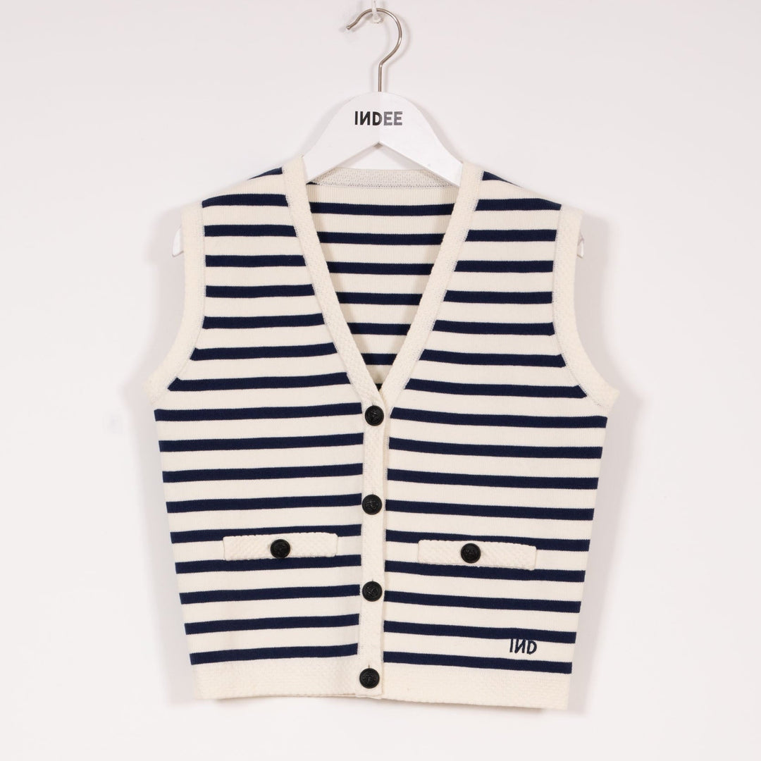 Striped Gilet V - Neck With Buttons - Blue - Posh New York