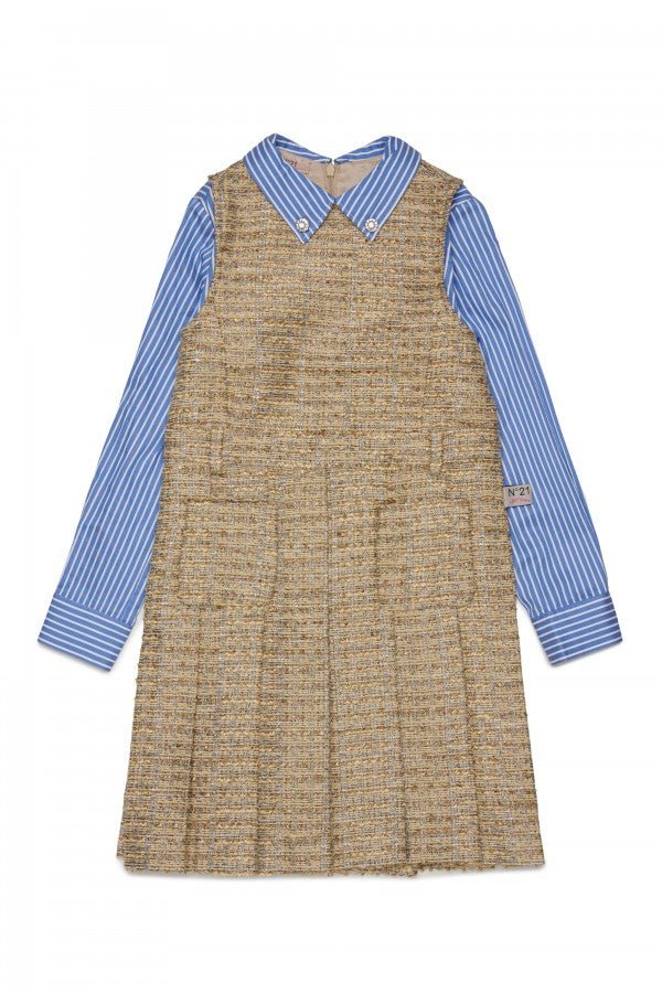 TWEED DRESS WITH FAUX LAYERED POPLIN SHIRT - Posh New York